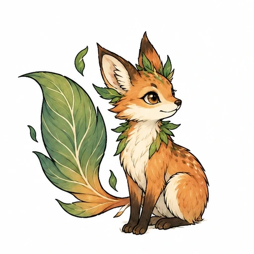 Illustration of a sitting orange fox with large leafy green tail and leaf collar on white background