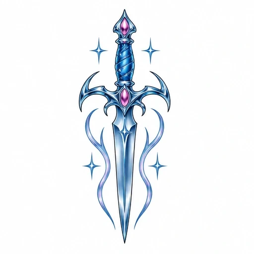 Blue dagger with purple gems, sparkles and swirling energy lines tattoo design