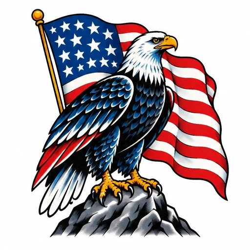 Tattoo design of a bald eagle perched on rocks in front of a waving American flag.
