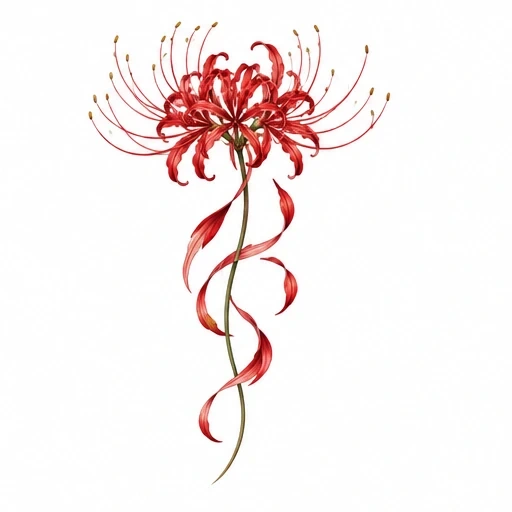 Red spider lily flower with long curling petals and a twisting stem with ribbon-like petals