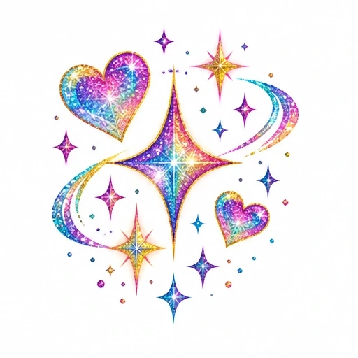 Tattoo design of glittery rainbow hearts with sparkling stars and trailing comet streaks