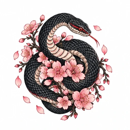Black scaled snake coiled amidst pink cherry blossoms with falling petals
