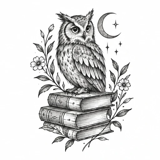 Fine line tattoo of an owl perched on three books with moon, stars, and floral accents