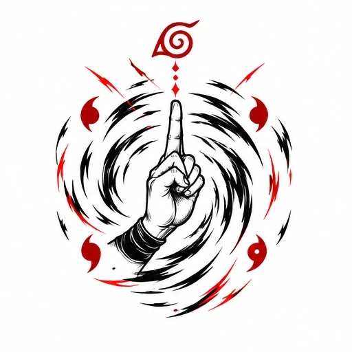 Hand in finger-pointing pose with Naruto spiral seal and swirling red and black energy lines