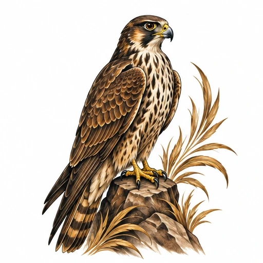 Detailed falcon perched on rock with ornamental grass in brown and cream hues