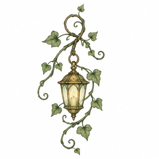 Vintage brass lantern with glowing candle wrapped in green ivy vine tattoo design