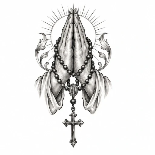 Black and white tattoo design of praying hands holding a rosary with a cross and radiant halo