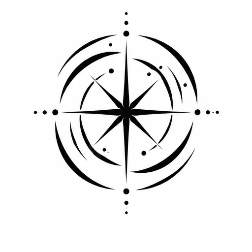 Black ink compass rose tattoo design with curved arcs and dotted patterns
