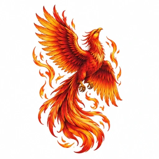 Bright red and orange phoenix tattoo design with extended wings and flames
