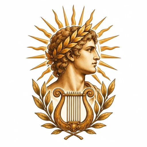 Classical Apollo bust with laurel crown and golden sun rays, lyre and laurel leaves below