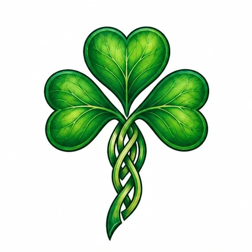 Green shamrock with three heart-shaped leaves and braided stem on white background