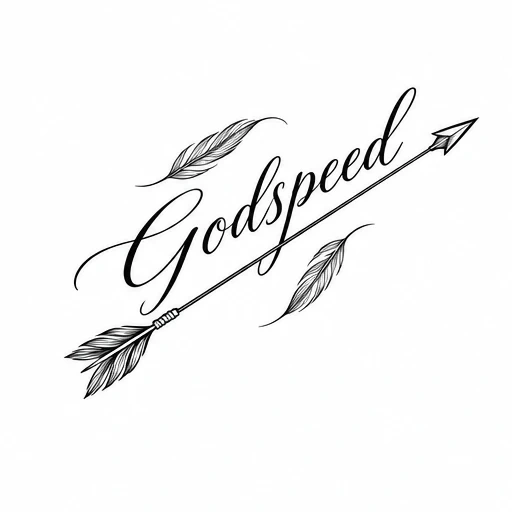 Tattoo design with the word 'Godspeed' in cursive crossed by a detailed arrow with feathers.