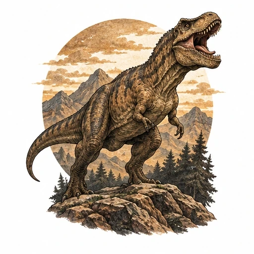 Detailed illustration of a roaring T-Rex on rocks with mountain and forest background
