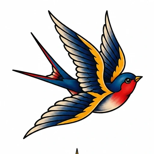 Colorful traditional swallow tattoo with blue, yellow, and red wings in flight