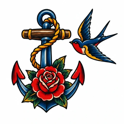Traditional tattoo of blue anchor with golden rope, red rose and green leaves, accompanied by a flying swallow in blue and red.