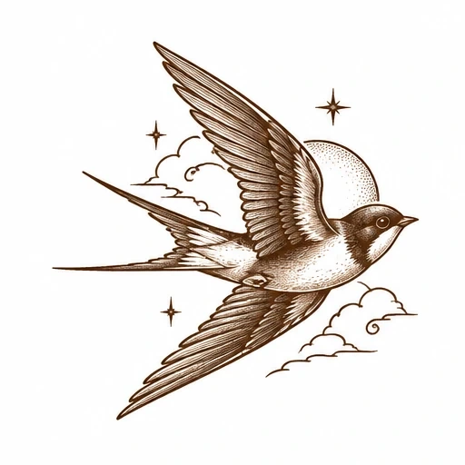 Brown ink drawing of a swallow in flight with clouds, stars, and a sun or moon in the background.