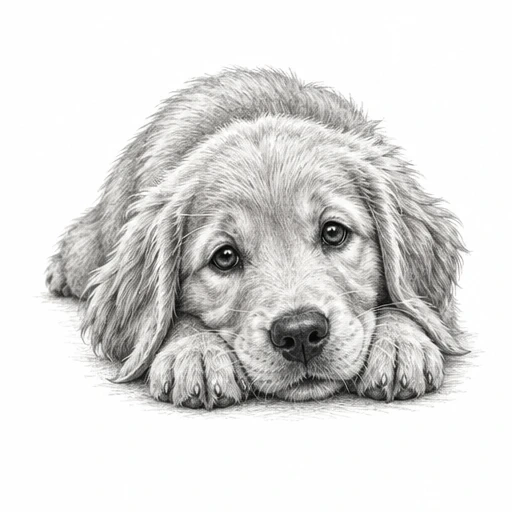 Pencil sketch of a puppy lying down with its head on front paws, looking up with expressive eyes.