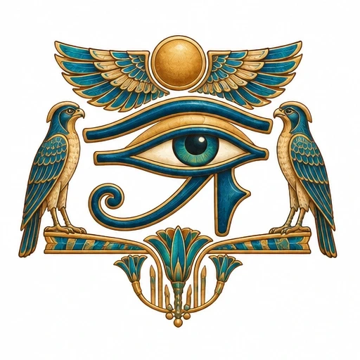 Egyptian Eye of Horus tattoo design with falcons, sun disk, wings, and lotus in gold and turquoise colors