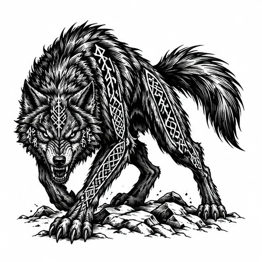 Black and white tattoo design of a snarling wolf with Norse rune tattoos on its body standing on rocks.