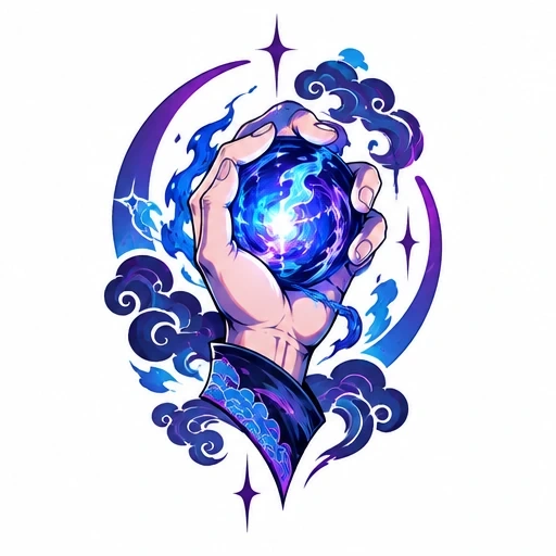 Hand holding a glowing blue and purple swirling orb surrounded by stars and clouds