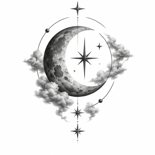 Black and grey crescent moon surrounded by clouds and stars in a vertical cosmic design