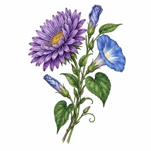 Illustration of a purple aster flower with yellow center, blue morning glory flowers and green leaves on white background