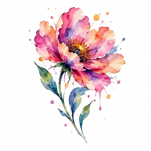 Watercolor painting of a colorful pink and orange flower with green leaves and paint splashes