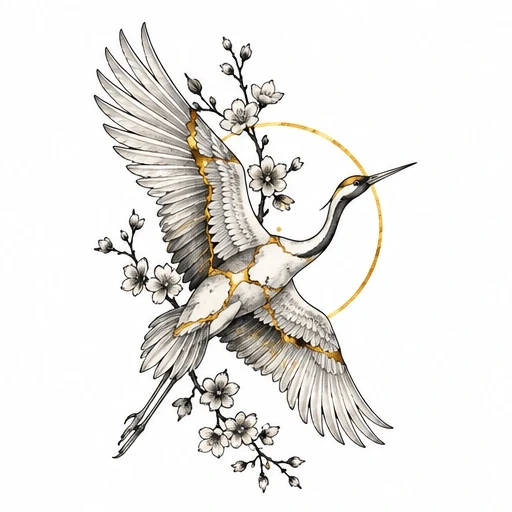 Flying crane surrounded by flowering branches with gold kintsugi-style cracks and a golden halo