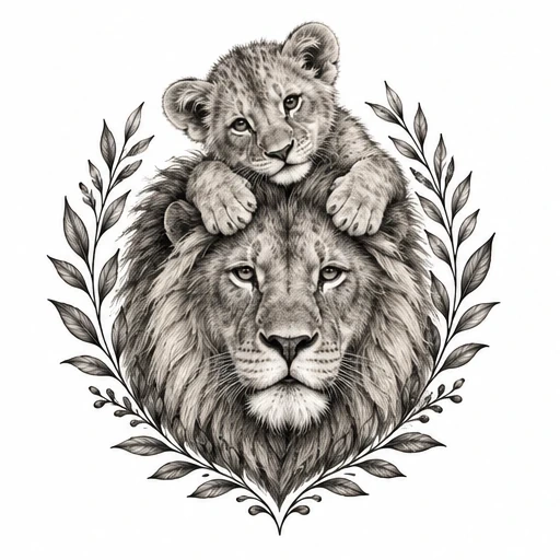 Black and grey detailed drawing of a lion and cub with a laurel wreath framing them