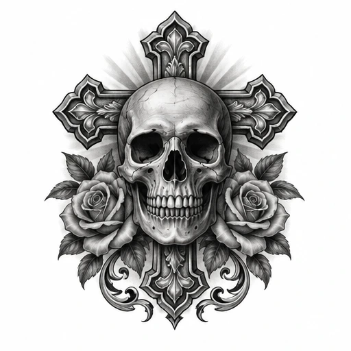 Chicano tattoo design of a skull over an ornate cross with two roses and leaves in black and gray shading