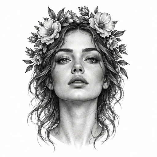 Black and gray portrait of a woman with wavy hair and a floral crown.