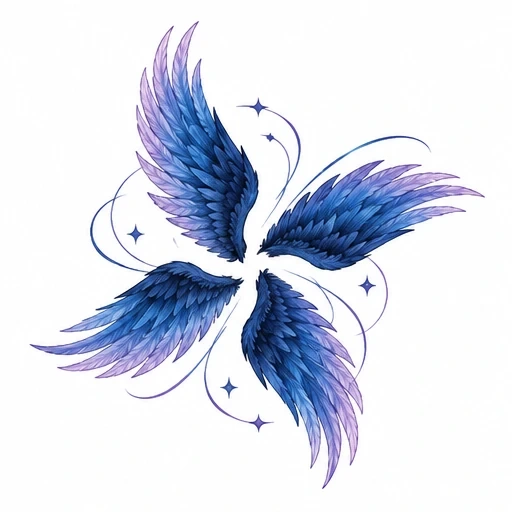 Symmetrical cluster of four blue and purple gradient wings with curved lines and star shapes on white background