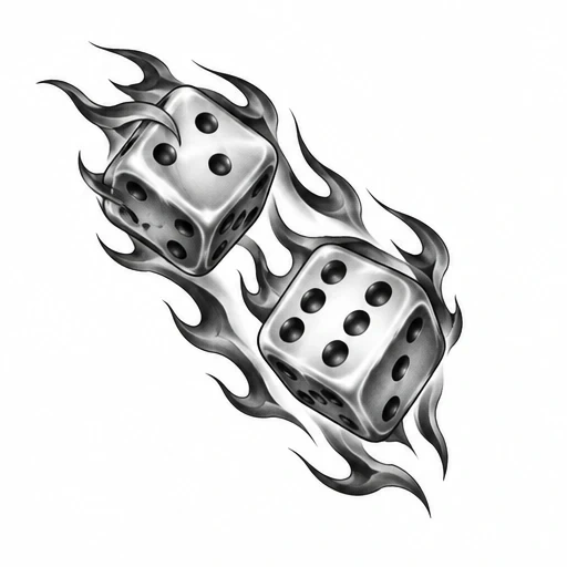 Black and gray tattoo design of two dice surrounded by stylized flames.