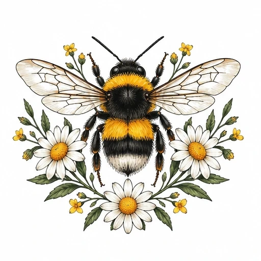Illustration of a bumblebee with transparent wings surrounded by daisies and small yellow flowers