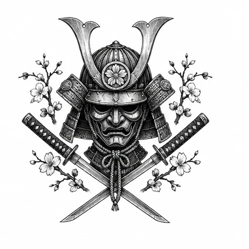 Black and gray drawing of a samurai helmet with crossed katana swords and cherry blossoms.