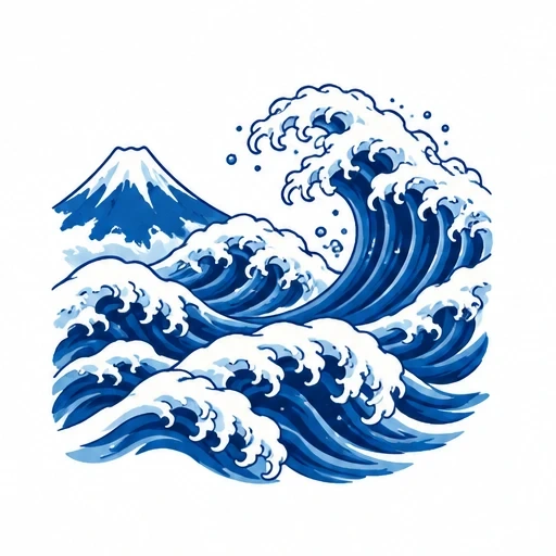 Japanese style tattoo design of blue ocean waves with white foam and Mount Fuji in the background