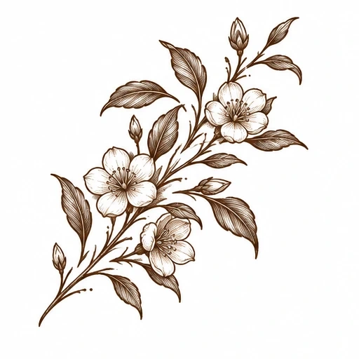 Brown ink tattoo design of a diagonal floral sprig with three flowers and leaves