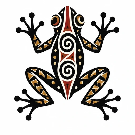 Taino tribal frog tattoo design with black body, brown triangles, red and black spirals