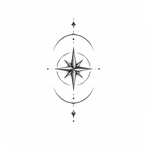 Black compass rose tattoo design with crescent moons and decorative dots on white background