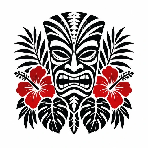 Black tiki mask with aggressive expression centered among red hibiscus flowers and black tropical leaves on white background