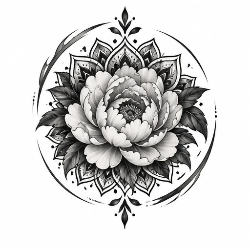Black and gray blooming flower tattoo with mandala and leaf details