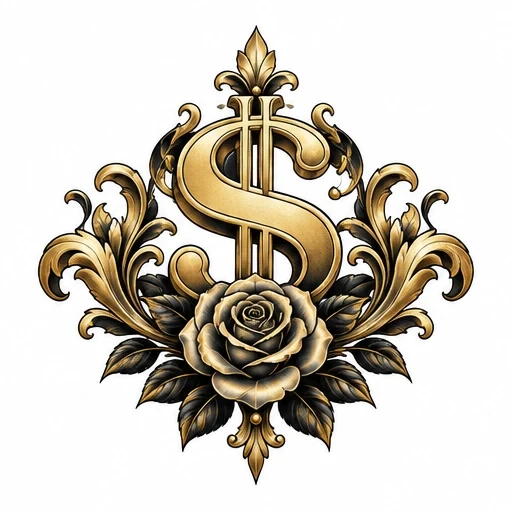 Golden dollar sign with a detailed rose at its base and ornate baroque flourishes on white background