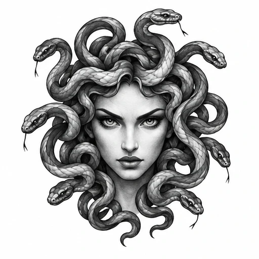 Black and white Medusa head with detailed snakes as hair in a swirling pattern