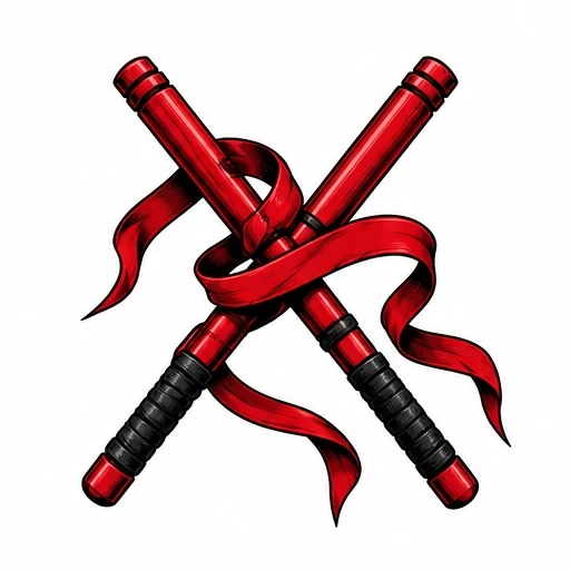 Crossed red escrima sticks with black grips wrapped by a flowing red ribbon