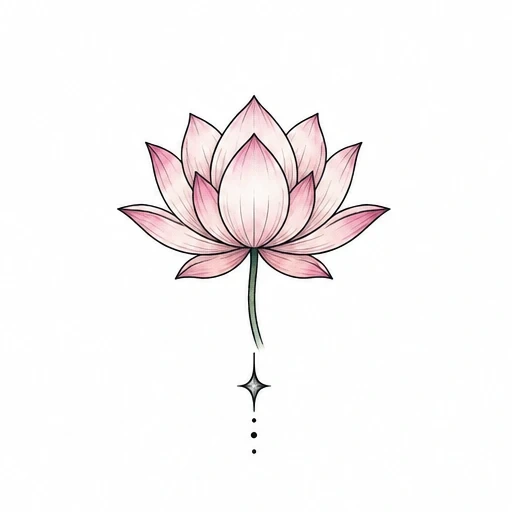 Minimalist pink lotus flower tattoo with thin green stem ending in star and dots
