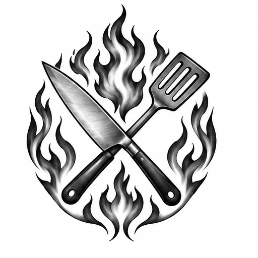 Tattoo design of a crossed chef knife and spatula surrounded by stylized flames in black and gray shading.