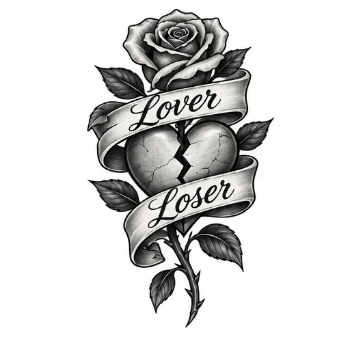 Black and gray tattoo of a rose with a cracked heart and a ribbon saying Lover Loser