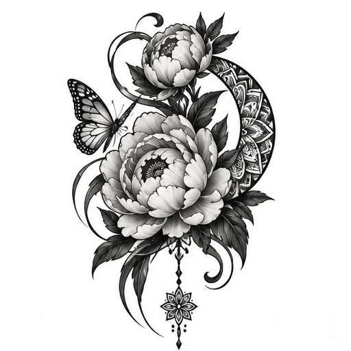 Black and grey tattoo design of peony flowers, crescent moon mandala, butterfly, and hanging ornament