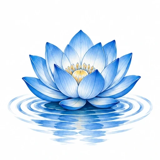 Illustration of a blue lotus flower with yellow center floating on water with circular ripples reflecting the flower.