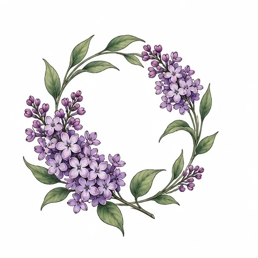 Circular wreath of lilac flowers and green leaves tattoo design
